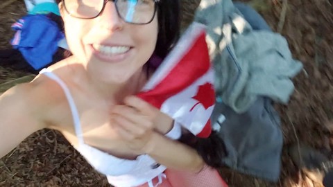 Patriotic Canadian amateur banged in the woods on Canada Day while wearing red fishnet stockings!