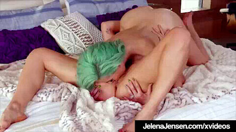 Busty Jelena Jensen with green hair eats out short-haired MILF Ryan Keely in hot lesbian action!