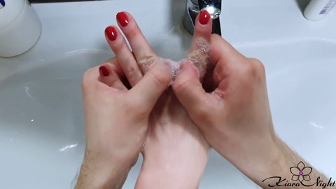 Sweetly scrubbing my husband's hands and he returns the favor #SCRUBHUB