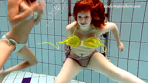 Underwater lesbian, public shower, under water