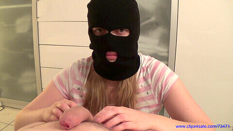 Masked burglar gives sensual hand job to helpless mom