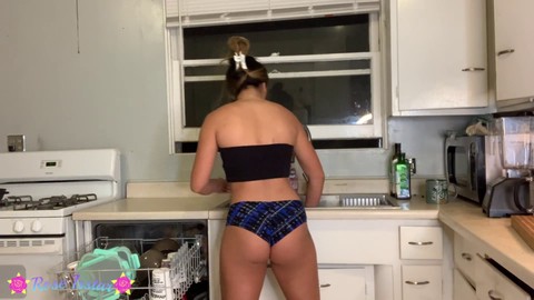 Petite Asian teen masturbates and cums on kitchen counter while her roommate is away